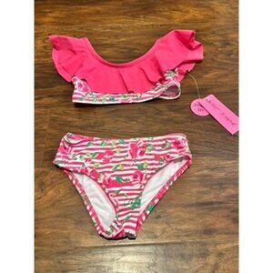 NWT Betsey Johnson 2-Piece Pink white Ruffle Bikini Set Floral Stripe Print 2T